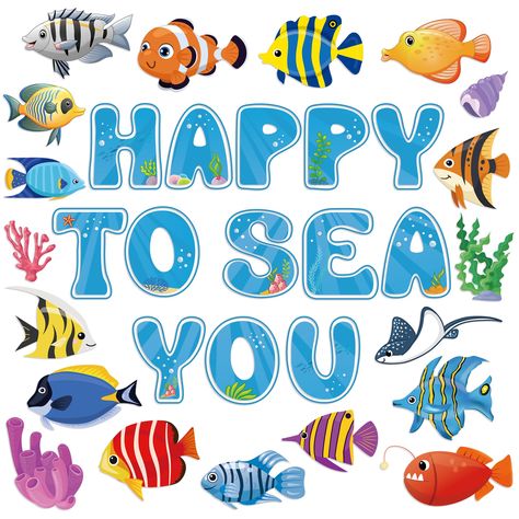 PRICES MAY VARY. 【Welcome Bulletin Board Decorations Set】:The package comes with 32 pieces of colorful ocean cutouts,designed with vivid tropical fish and welcome phrase“Happy to sea you”,The quantities and cute under the sea elememts enable everyone to use creativity,freely mixing and matching the bulletin board decor to transform you space into a vibarant sea world.Moreover,the package comes with glue points to help you finish your artwork. 【Reliable,Thicken,Safe,Waterproof Material】:The under Fish Bulletin Boards, Posters For School, Welcome Bulletin Board, Beach Classroom, Welcome Bulletin Boards, Preschool Designs, Christmas Door Decorating Contest, Ocean Theme Classroom, Classroom Bulletin Board