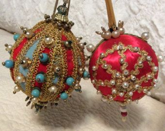 Vintage Victorian Beaded Ornaments Handmade Christmas Red Aqua Sequin Tassel Ribbon Vintage Fancy Christmas Ornaments, Jewel Ornaments, Sequin Ornaments, Handmade Christmas Tree, Ebay Selling, Beaded Christmas Ornaments, Push Pins, Christmas Ornament Crafts, Victorian Christmas