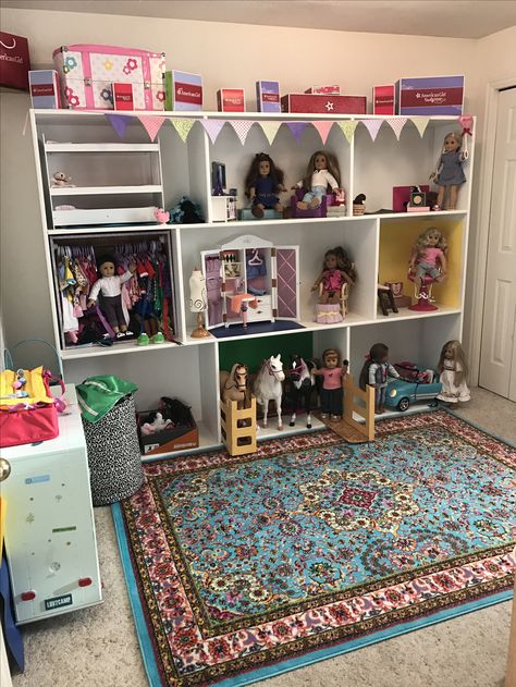 We built a book shelf that she can use as a life size doll house for now! So organized! Everything in its place! Functional for later too. Craft Storage In Living Room, Doll House Organization Ideas, My Life Doll House Diy, Ag Doll House Diy, My Life Doll Storage Ideas, American Doll Storage Ideas, Doll Organization Ideas, American Girl Storage, Life Size Doll