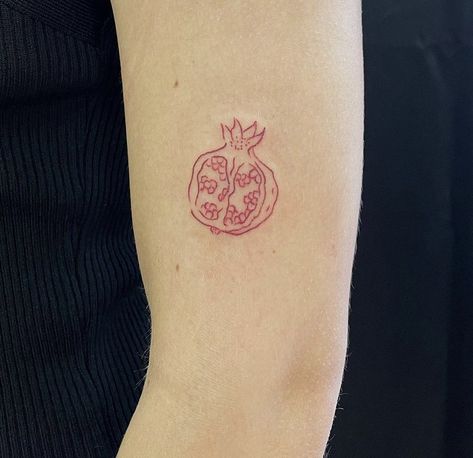 Pomegranate Stamp Tattoo, Pomegranate Tattoo Design, Pommegrenade Tattoo, Red Pomegranate Tattoo, All Things Must Pass Tattoo, Red Line Tattoos, Apricot Tattoo, Adrianne Lenker Tattoo, Cinnamon Tattoo