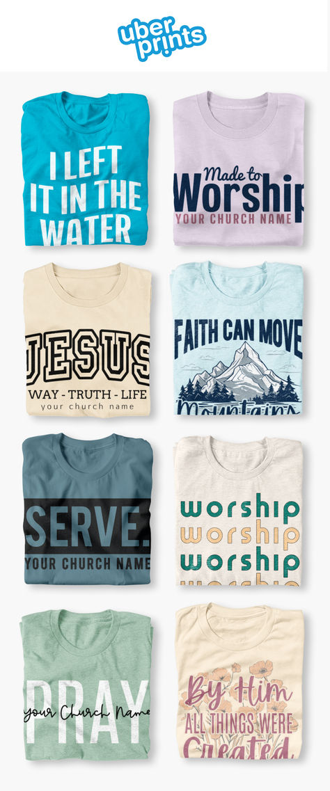 an image of 8 folded shirts, each showing a different custom shirt design. Youth Group Tshirt Ideas, Modern Church, Church Tshirt Designs, Church Shirt, Church Shirt Designs, Church Tshirts, T Shirt Fundraiser, Youth Work, T Shirt Design Ideas