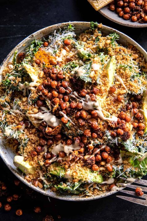 Parmesan Tahini Kale Salad with Breadcrumbs and Crunchy Chickpeas | halfbakedharvest.com Harvest Kale Salad, Harvest Kale, Half Baked Harvest Recipes, Salad Kale, Crunchy Chickpeas, Lots Of Food, Resep Salad, Bacon Salad, Healthy Banana Bread