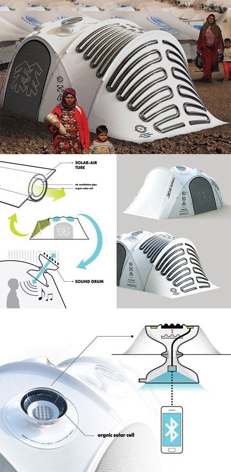 This 'new-generation outdoor tent' is a nature-interactive and energy-independent tent with two main parts: the Solar-Air Tube system that generates electricity, and creates airflow throughout the tent; and the Sound Drum which captures sounds to interact with nature even when inside... - Yanko Design  Ah bundan orta asyada olaydı ne rahat ederdik :) New Inventions Products, Solar Tent, Teknologi Futuristik, Supraviețuire Camping, Alternative Energie, Auto Camping, Detail Arsitektur, Tenda Camping, Outdoor Tent