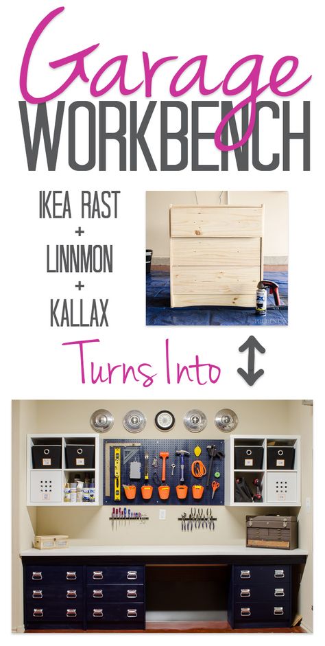 Our DIY work bench was put together with IKEA supplies to keep the price low. Using RAST dressers, LINNMON table tops, and KALLAX shelves let us customize the perfect space on a budget. Recreate this workbench to get your garage organized! Workbench Diy, Diy Garage Work Bench, Garage Workbench, Garage Organize, Diy Workbench, Garage Work Bench, Diy Garage Storage, Diy Ikea Hacks, Garage Makeover