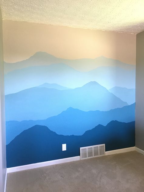 Sunset Wall Mural Painting, Masculine Wall Murals Painted, Wall Mountain Painting, Mountain Range Wall Mural, Wall Murals Painted Landscape, Mural Easy Ideas, Wall Murals Home, Bedroom Mountain Mural, Wall Paint Mountains