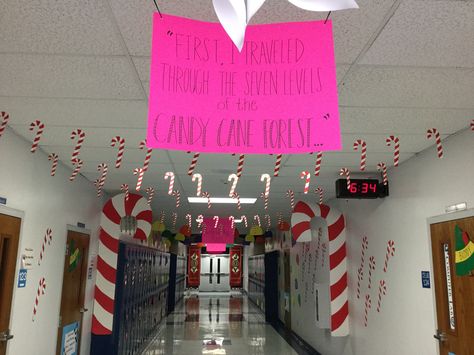 "First I traveled through the seven layers of the Candy Cane forest..." Candy Cane Lane Bulletin Board, Candy Cane Forest Decorations Elf, Candy Cane Lane Hallway Decorations, Decorating School Halls For Christmas, Candy Cane Lane School Hallway, Christmas Hallways, Candy Cane Garland, Grinch Night, Candy Cane Forest