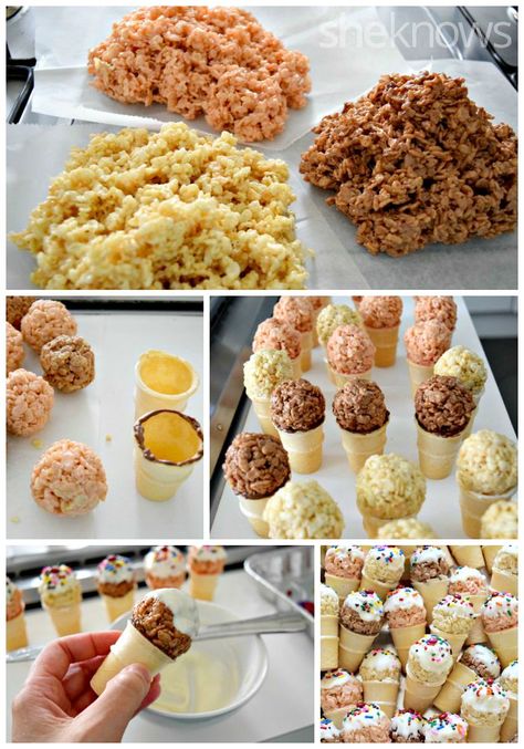 No melting here — these cute cones might look like ice cream, but they're made of Rice Krispies Treats Chocolate Cereal Treats, Ice Cream Cones Recipe, Almond Paste Recipes, Simple Treats, Kids Foods, Cake Stall, Mini Ice Cream Cones, Strawberry Treats, Mini Ice Cream