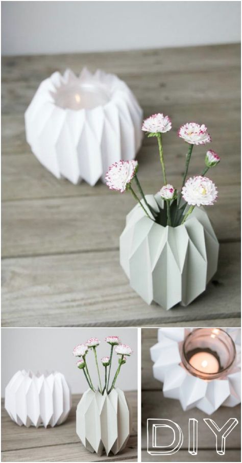 DIY Origami Designed Vase Diy Origami Decor, Event Ideas Creative, Diy Origami Home, Diy Origami Home Decor, Origami Decor, Origami Home Decor, Origami Lamp, Origami Love, Paper Vase