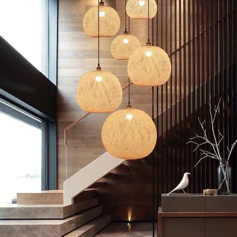 Modern Bamboo Lantern Hand Woven Lampshade Rattan Decoration Chandelier Dining Room Suspension Restaurant Pendant Lights - AliExpress Staircase Pendant Lighting, Stairwell Chandelier, Retro Ceiling Lights, Stairwell Lighting, Lampe Diy, Bamboo Light, Light Canopy, Bamboo Lamp, Living Room Corner