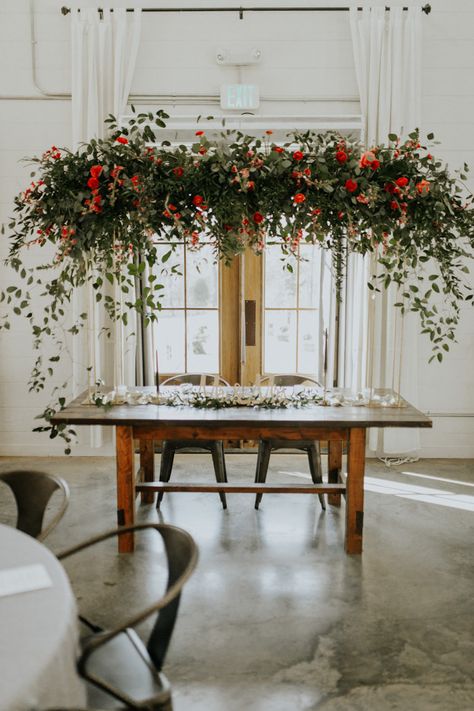 Flowers Above Table Wedding, Flowers Over Table Wedding, Floral Overhang Wedding, Suspended Greenery Wedding, Suspended Flower Installation, Sweetheart Table Hanging Flowers, Floral Installations Wedding, Greenery Floral Installation, Head Table Hanging Flowers