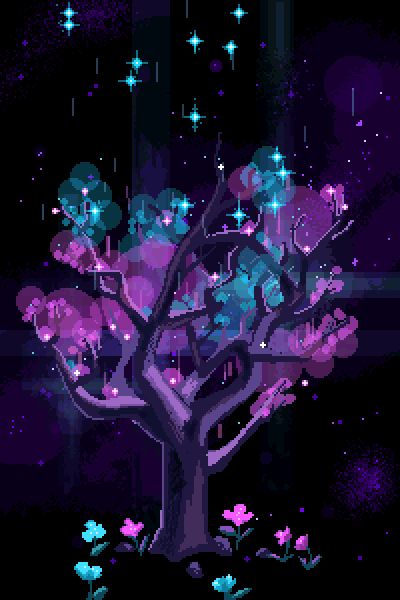 pretty tree animation yes! got this to look how i wanted,  The tree of the stars!  #pixelart #pixelaesthetic #gameart yes! got this to look how i wanted,  pixel art   pixel aesthetic  game art stars space tree flower Magic Visuals, Vaporwave Gif, Tree Animation, Space Tree, Pixel Kawaii, How To Pixel Art, Pixel Aesthetic, Aesthetic Game, Art Stars