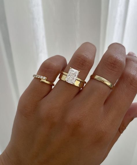 Radiant Cut Engagement Ring With Band, Thick Gold Wedding Band, Rectangle Engagement Rings, Thick Wedding Bands, Radiant Engagement, Radiant Ring, Dream Wedding Ring, Ring Cuts, Radiant Cut Engagement Rings