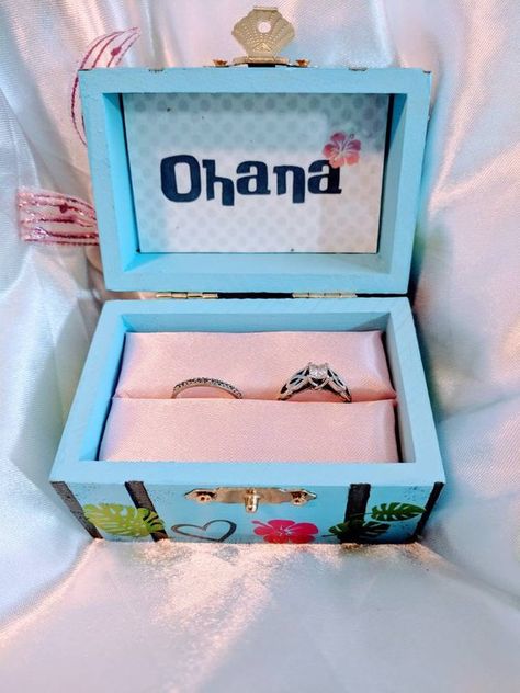 Disneys Lilo & Stitch inspired proposal ring box with quote | Etsy Proposal Ring Box Ideas, Stitch Merch, Disney Inspired Rings, Ring Box Ideas, Lilo And Stitch Toys, Stitch Ring, Disney Proposal, Stitch Items, Disney Engagement Rings