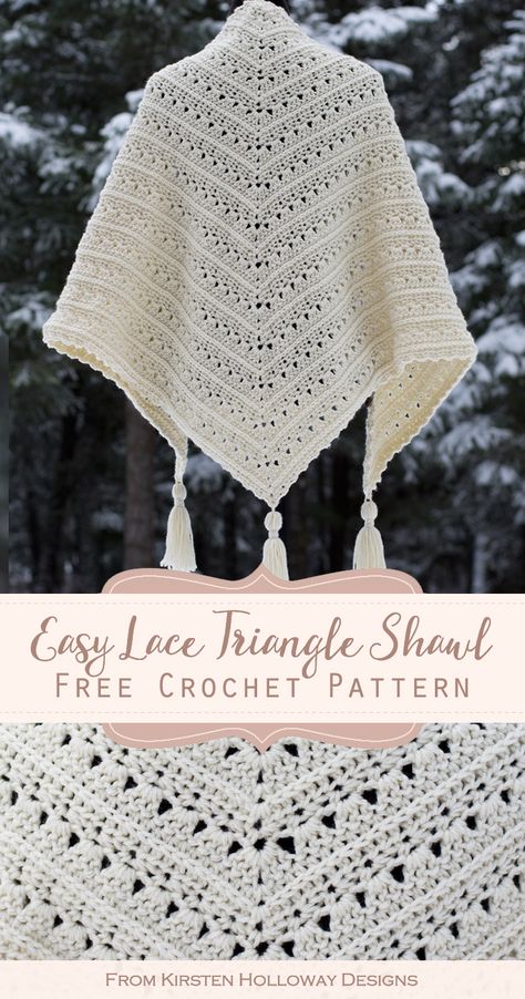 The classic triangle shape and lacy stitches make the Primrose and Proper shawl pattern a quick, easy and, beautiful project to dress up your wardrobe this winter. #KirstenHollowayDesigns #easycrochetshawlpattern #freecrochetpattern Primrose Stitch Crochet Pattern, Gamma Shawl Pattern, Crochet Patterns Shawl Wrap, Winter Crochet Shawl, Crochet Handbands Free Pattern, Crochet Shallow Triangle Shawl, Crochet Shawl Border, Easy Crochet Sweaters For Beginners Free, Free Shawl Crochet Pattern Easy