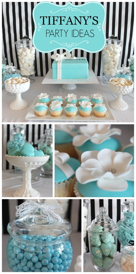 A lovely robin's egg blue Tiffany's bridal shower with pretty party decorations and cupcakes!  See more party ideas at CatchMyParty.com Hall Themes, Pretty Party Decorations, Tiffany Blue Party, Breakfast At Tiffanys Party Ideas, Tiffany Birthday Party, Tiffany Birthday, Tiffany Baby Showers, Fiesta Shower, Tiffany Theme