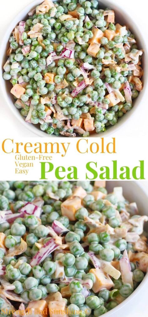 Old-Fashioned Pea Salad (Vegan, Gluten-Free) | Strength and Sunshine | This classic Old-Fashioned Pea Salad is the perfect cold and creamy potluck salad for every occasion! Vegan and gluten-free, this easy English pea salad uses eggless mayo, dairy-free cheddar, and smokey coconut bacon. A simple and quick allergy-friendly version of your grandma's go-to Southern holiday or cookout side dish! Pea Salad Vegan, Cold Dishes For Potluck, Sandwich Recipes Cold, Cold Pea Salad, Creamy Pea Salad, Eggless Mayo, Summer Cookout Side Dishes, English Pea Salad, Summer Potluck Dishes