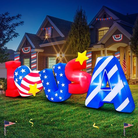 PRICES MAY VARY. 【Eye-Catching Design】The 4th of July inflatables decoration is a banner for ILOVEUSA design and is built-in with super bright led lights.This design is a direct expression of oneself patriotism and the pursuit and love of freedom.It will be attractive and catch everyone's attention when it lights up in your yard. 【Quality Material & Waterproof】Memorial day inflatables outdoor decorations are made of high-quality polyester fabric, high-strength waterproof. Exquisite sewing techno 4th Of July Decorations Outdoor, July Decoration, 4th Of July Parade, Decorations For Party, Inflatable Decorations, Party Garden, Parade Float, Yard Decorations, Outdoor Holidays