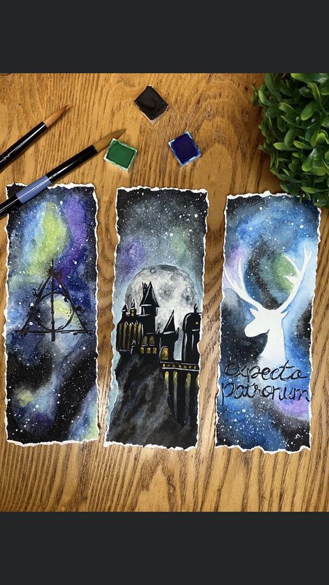 Harry Potter Bookmark Painting, Harry Potter Watercolor Bookmark, Harry Potter Watercolor, Harry Potter Bookmark, Harry Potter Art Drawings, Harry Potter Painting, Harry Potter Bday, Harry Potter Decor, Watercolor Art Paintings