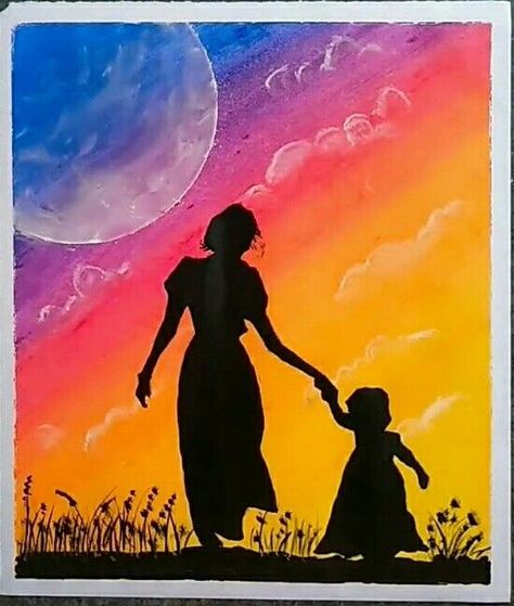 Mother Daughter Silhouette Painting, Mother Daughter Acrylic Painting, Mother And Daughter Painting Ideas, Mom And Daughter Painting Ideas, Mother Daughter Canvas Painting Ideas, Mother Daughter Art Painting, Mothers Day Drawings Ideas Art Projects, Easy Meaningful Paintings, Mom And Daughter Painting Easy