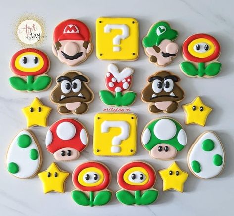 Mario Cookies Decorated Easy, Mario Theme Cookies, Sonic And Mario Birthday Party, Super Mario Sugar Cookies, Super Mario Bros Cookies, Super Mario Cookies Decorated, Mario Cookies Decorated, Mario Birthday Cookies, Nintendo Cookies