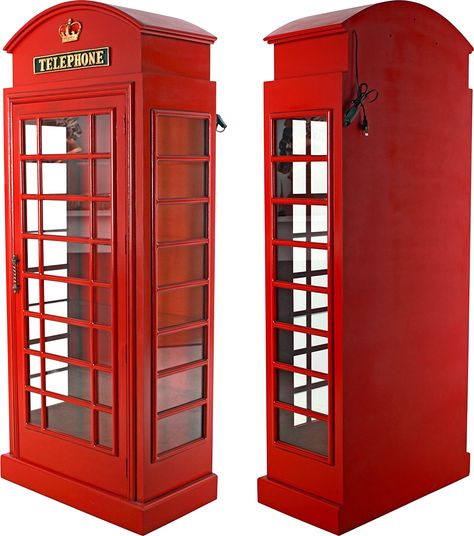 Bring a British Phone Booth into Your Home – my design42 English Telephone Booth, British Telephone Booth, British Phone Booth, Wall Curio Cabinet, London Telephone Booth, Display Cabinet Design, Booth Lighting, London Phone Booth, Glass Display Shelves