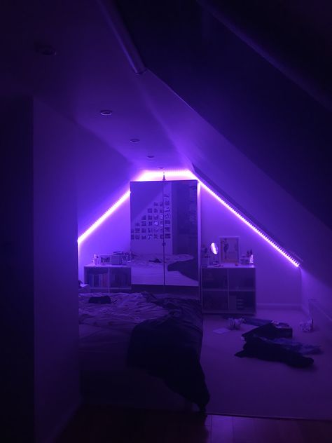 Led Lights Bedroom Aesthetic Led Lights Attic Bedroom, Attic Bedroom Ideas Led Lights, Led Lights Loft Bedroom Aesthetic, Led Boys Bedroom, Small Attic Bedroom Ideas For Teens, Teen Boy Bedroom Led Lights, Led Lights Bedroom Boys, Boys Bedroom Led Lights, Boys Attic Bedroom Ideas