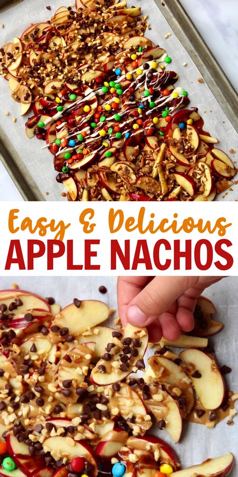 Satisfy your sweet tooth with these fun and yummy Apple Nachos made three ways! They’re so easy to make and taste so great for a snack or dessert that everyone will enjoy! #applenachos #easysnack Different Nacho Ideas, Apple Slice Nachos, Candy Apple Nachos, Fall Apple Nachos, Carmel Apple Nachos Sheet Pan, Caramel Apple Nachos Recipe, Apple Nachos Bar, Apple Snack Ideas, Apple Nacho Bar