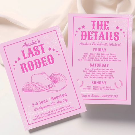 It's her last rodeo! 🩷✨️🐎 Country themed bachelorette invitations are so hot right now! Let's celebrate the bride to be in style for her hens party weekend. This editable set includes an invitation and a matching itinerary template for weekend bacheloeette parties too! Digital animated versions for mobile also included.✔️ This ain't Texas... or is it?... 🤠 #herlastrodeo #lastrodeo #rodeobachelorette #bacheloretteweekend #henspartyideas #cowgirl #westerntheme #westernthemeparty #rodeothe... Last Rodeo Hen Party, Country Theme Bachelorette Party, Cowgirl Hens Party, Hens Themes, Hens Ideas, Bachelorette Party Invite, Hen Night Ideas, Western Bachelorette, Bachelorette Weekend Itinerary