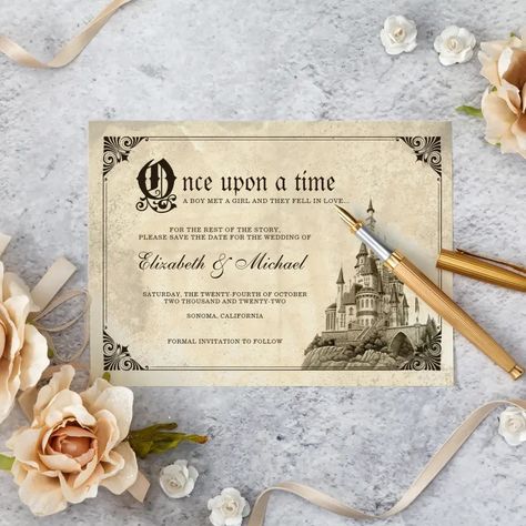 Once Upon a Time  Fairy Tale Castle Save the Date  Zazzle Fairy Tale Castle, Fairytale Castle, Future Wedding Plans, Disney Theme, Disney Wedding, Fairytale Wedding, Here Comes The Bride, Wedding Saving, Wedding Locations