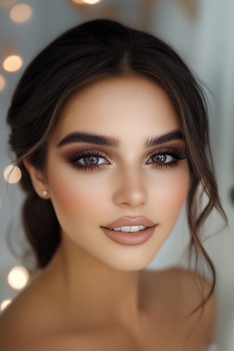 Smokey Eye Makeup Wedding Brown Eyes, Bridesmaid Makeup Smokey Brown, Makeup Wedding Looks For Brown Eyes, Brown Eyes Smokey Makeup, Glamorous Bridesmaid Makeup, Dark Eyes Wedding Makeup, Wedding Makeup Inspiration Brown Eyes, Brown Eyed Wedding Makeup, Makeup For Wedding Brown Eyes