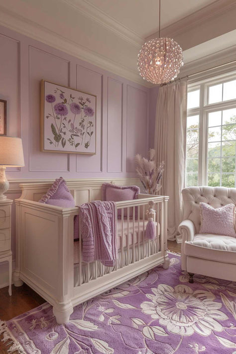 50 Charming Baby Girl Nursery Ideas for Your Little Princess Baby Girl Room Color Ideas, Baby Girl Princess Nursery, Lilac Nursery Ideas, Light Purple Nursery Girl, Lavender Baby Nursery, Girl Nursery Ideas Purple, Lilac Nursery Baby Girl, Lavender Nursery Baby Girl, Lilac Baby Room