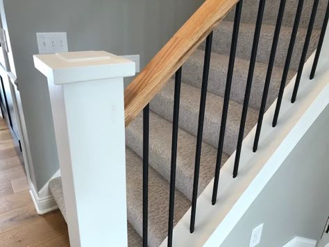 Alternative Stair Railing, Update Handrail, Diy Iron Stair Railing, Metal Stair Railings Indoor, Partial Stair Banister, Updating Railings Stairways, Replacing Stair Railing Banisters, Updating Stairs On A Budget, Rod Stair Railing