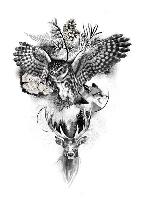 Fox Tattoo Sleeve Women, Herne The Hunter Tattoo, Animal Leg Tattoos Women, Animal Sleeve Tattoo For Women, Hirsch Tattoo Frau, Buck Tattoo, Elk Tattoo, Deer Skull Tattoos, Deer Tattoo Designs