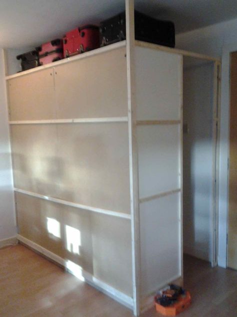 Wardrobe Around Door, Diy Walk In Wardrobe, Ikea Wardrobe Hack, Platform Bed Designs, Room Organizer, Ikea Wardrobe, Closet Hacks, Garage Organization Diy, Basement Storage