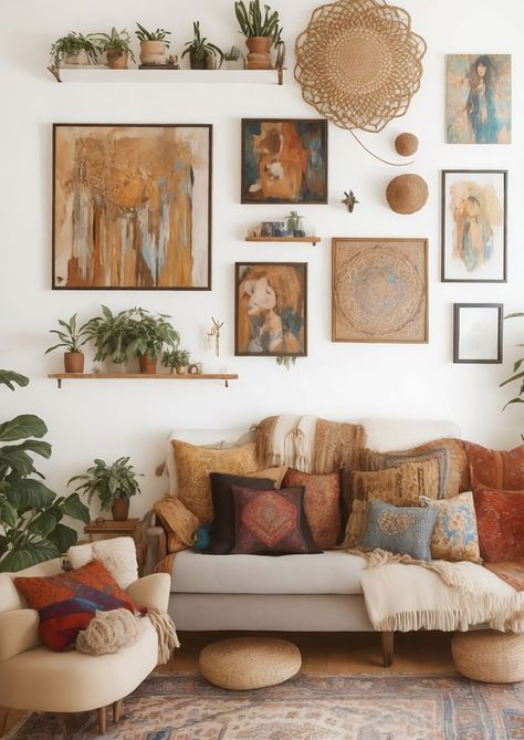 Cozy Boho Living Room Wall Decor, Nomad Living Room, Boho Bedroom Gallery Wall, Above Couch Decor Boho, Cream Couch Boho Living Room, Neutral 70s Living Room, How To Style Living Room Walls, Wall Art Boho Living Room, Above Couch Wall Decor Eclectic