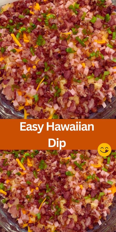 Discover a taste of the tropics with our Easy Hawaiian Dip recipe! Creamy cream cheese, tangy pineapple, savory ham, crispy bacon, and shredded cheddar cheese come together in this irresistible appetizer. Perfect for parties, gatherings, or snacking at home. Serve with crackers, chips, or veggies for a delicious treat. Luau Snacks, Hawaiian Dip, Hawaiian Appetizers, Tropical Party Foods, Summer Dip Recipes, Hawaiian Party Food, Hawaiian Snacks, Summer Dip, Savory Ham