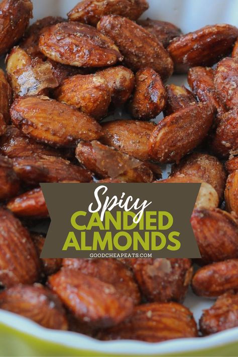 Spicy Candied Almonds are pretty incredible. The sweet and spicy combine with the crunch of the nuts in an addictingly delicious way. You're going to want this Spicy Candied Almonds recipe on repeat for fun snacks and salad toppings all year long. Sweet And Spicy Candied Nuts Recipe, Spiced Almonds Recipe Savory, Sweet And Spicy Almonds Recipe, Sweet And Spicy Roasted Almonds, Sweet And Salty Nuts Recipe, Nut Snacks Recipes, Seasoned Almonds Recipes, Spicy Almonds Recipe, Ranch Almonds