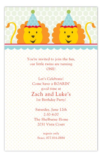 Replace lions with elephants Twin Birthday Invitations, Carnival Birthday Invitations, Birthday Party Invitation Wording, Twins Baby Shower Invitations, Twins Birthday, Polka Dot Background, Kids Birthday Party Invitations, Twins Baby Shower, Twin Birthday