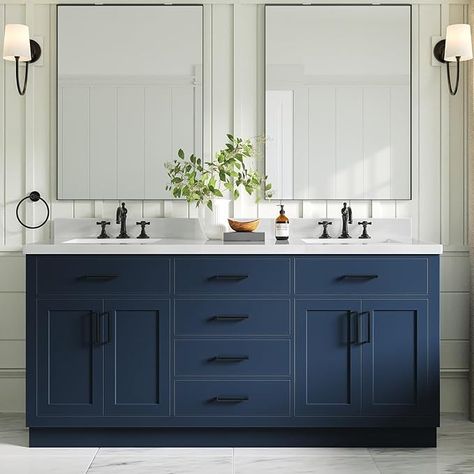 Amazon.com: ARIEL Hepburn 72" Midnight Blue Double Vanity, 1.5" Edge Carrara Quartz Countertop & Splash, Rectangular Sinks, 4 Soft Closing Doors, 6 Full Extension Dovetail Drawers, Toe Kick, Matte Black : Tools & Home Improvement Carrara Quartz, Birch Cabinets, Cultured Marble Vanity Top, Wood Sink, Quartz Vanity Tops, Hardwood Plywood, Quartz Countertop, White Quartz Countertop, Blue Cabinets