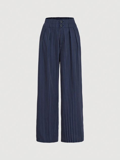 Navy Blue Casual Retro Commuter Versatile Autumn/Winter Women`S Trousers, Suit Pants Women Dress Pants Fall Pants Striped Pants Tall Women Pants Old Money Navy Blue Casual   Woven Fabric Striped Wide Leg Non-Stretch  Women Clothing, size features are:Bust: ,Length: ,Sleeve Length: Blue Pants Women, Suit Pants Women, Blue Striped Pants, Navy Slacks, Women Dress Pants, Blue Slacks, Striped Wide Leg Trousers, Costume Bleu, Fall Pants