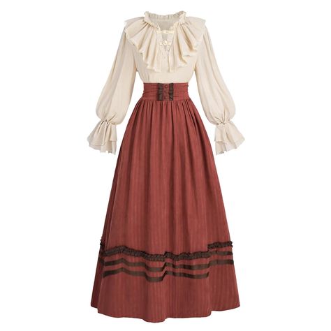 PRICES MAY VARY. 2 PIECE SET DESIGN:The women's Victorian costume includes a victorian blouse paired with a maxi Victorian skirt.The victorian dress features a flattering, flowing design that ensures both comfort and authenticity. Perfect for those who wish to step back in time and experience the elegance and charm of the 1800s Victorian era. FEATURES:The long-sleeved Renaissance shirt features ruffle collar, elastic sleeve cuffs, exclusive knot fastener button, and lace-up closure at the center 1850 Womens Fashion, 18000s Dress, Victorian Simple Dress, Victorian Blouses For Women, Old Fashioned Blouse, 1800s Outfit Women, Victorian Era Dresses Aesthetic, 1800 Fashion Women, Victorian Clothes Women