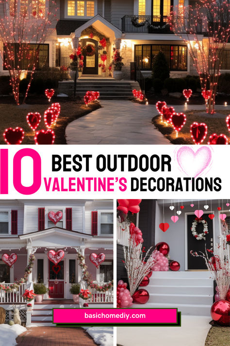 Decorate your front porch for Valentine's Day with these easy outdoor Valentine’s Day decor ideas for porch and yard. These simple and easy Valentine's Day outdoor decorations are charming and include some great Dollar Tree DIY Valentine's Day holiday decorating ideas to elevate your yard aesthetic. We've included outdoor lights and front porch Valentine's Day wreath ideas for Valentines Day farmhouse decoration ideas and more to make this holiday great. Valentine’s Day Yard Decorations, Outdoor Valentines Decorations, Valentines Patio Decor, Valentine Outside Decorations, Valentine Front Door Decor Ideas, Valentine’s Day Outdoor Decorations, Valentines Porch Decorations, Diy Valentines Decorations Outdoor, Large Valentines Day Decorations