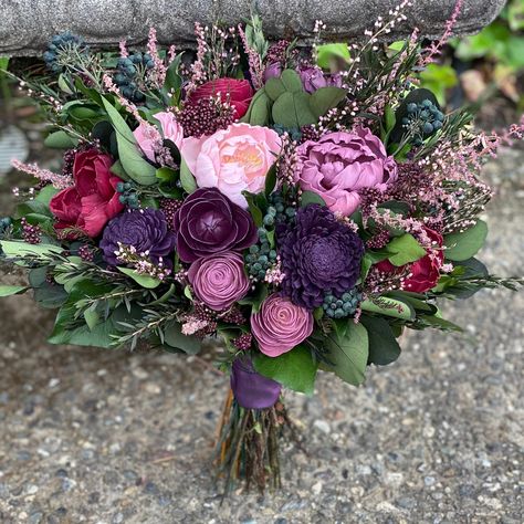 This beautiful sola flower bouquet is perfect for those moody and romantic  weddings! Featuring dark purple wedding flowers along with burgundy, mauve, wine and light pink wedding flowers with dried/ preserved: astilbe, heather, rice flowers, silver dollar eucalyptus, hedera, and lepto longofolia for the wedding bouquet greenery!  This wedding bouquet is great for: +Romantic Weddings +Moody Weddings +Burgundy Flower Weddings +Winter Weddings Sizing: 6-8 inches wide, 18 - 25 inches around, 10 inc Dark Wildflower Wedding Bouquet, Dusk Color Wedding, Deep Purple Wedding Bouquets, Pink Purple Burgundy Wedding Flowers, Dark Purple Prom Bouquet, Dark Purple Bridal Bouquet, Dark Purple And Pink Wedding Theme, Maroon And Purple Wedding, Dark Purple Wedding Flowers