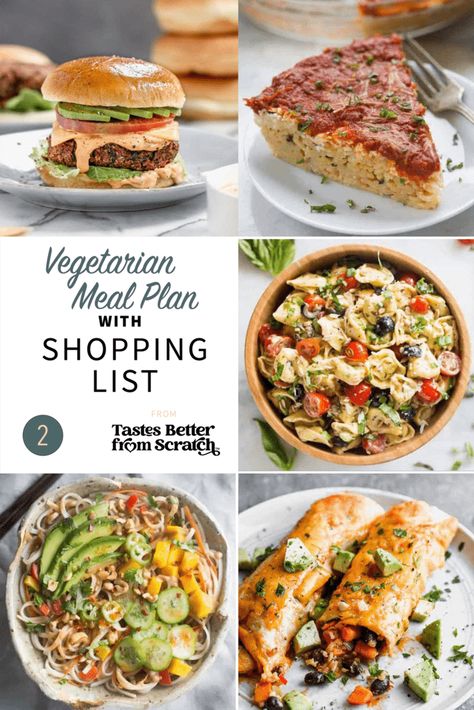 A 5 day Vegetarian Meal Plan with easy and healthy vegetarian dinner options and a free grocery shopping list; perfect for cooking on a budget. #mealplan #vegtarian #onabudget #tastesbetterfromscratch via @betrfromscratch Vegetarian Weekly Meal Plan, Veggie Meal Plan, Healthy Vegetarian Meal Plan, Delicious Vegetarian Dinner, Tastes Better From Scratch, Meatless Meal, Grocery Shopping List, Healthy Vegetarian Dinner, Vegetarian Meal Plan