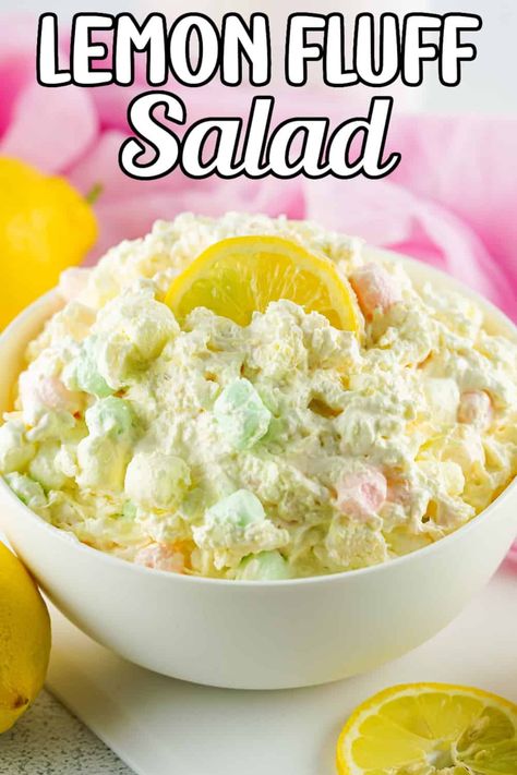 Lemon Blueberry Fluff Salad, Fruity Marshmallow Recipes, Summer Fluff Salads, Fluff Salad Recipes Cottage Cheese, Lemon Fluff Salad, Lemon Pineapple Cream Cheese Jello Salad, Lemon Jello Salad Recipes, Fruit Fluff Salad Recipes Cool Whip, Lemon Pretzel Salad