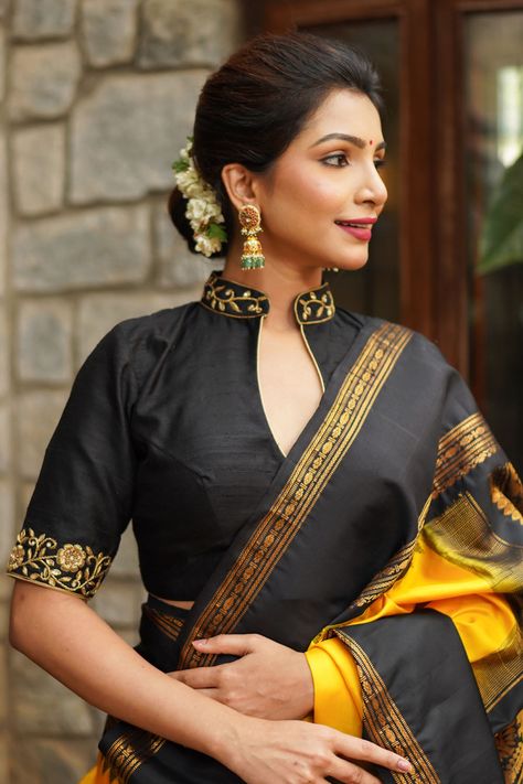 Collar Necks For Blouses, Collared Blouse Designs, Silk Choli Designs Blouses, Black Blouse Work Designs, Black Silk Blouse Designs, Collar Neck Design For Blouse, Collar Neck Blouse Pattern, Silk Sari Blouse Design, Blouse Design With Collar Neck