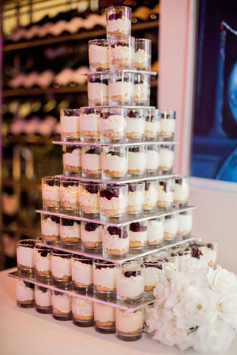 blueberry cheesecake shot glass dessert tower Shot Glass Dessert, Blueberry Wedding, Dessert Tower, Shot Glass Desserts, Wedding Cheesecake, Glass Dessert, Blueberry Cheesecake, Wedding Desserts, Rice Krispie Treat