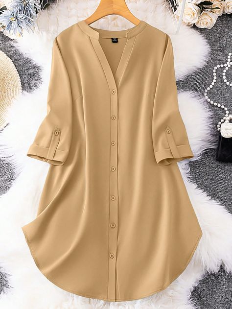 Khaki Casual Collar Long Sleeve Woven Fabric Plain Shirt,Tunic Embellished Non-Stretch  Women Plus Clothing Simple Shirt Designs, Simple Shirt Design, Diy Belt For Dresses, Simple Dress Casual, Long Blouse Designs, Tunics For Women, Simple Gowns, Kids Frocks Design, Women Blouses Fashion