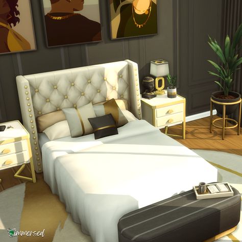 An elegant, luxury bedroom built with the newest The Sims 4 kit, Modern Luxe. #thesims4 #simsbuild #showusyourbuilds #sims4maxismatch #sims #ts4 #sims4modernluxe #sims4roombuild Sims 4 Elegant Bedroom, Sims Master Room, The Sims 4 Cc Luxury Decor, Sims Modern Bedroom, Sims 4 Platinumluxesims, Sims 4 Master Room Ideas, Sims 4 Cc Elegant Furniture, Sims 4 Cc Luxury Bedroom, Sims 4 Master Bed Ideas