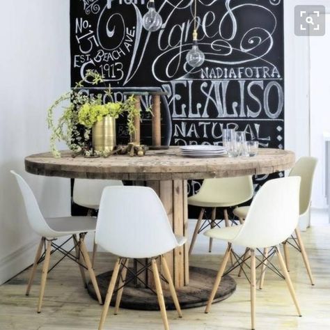 Dining Room Spool Table Scandi Kitchen Ideas, Easy Kitchen Updates, Modern Industrial Kitchen, Industrial Style Dining Table, Scandi Kitchen, Industrial Style Kitchen, Chalkboard Wall, Kitchen Dinning, Industrial Kitchen